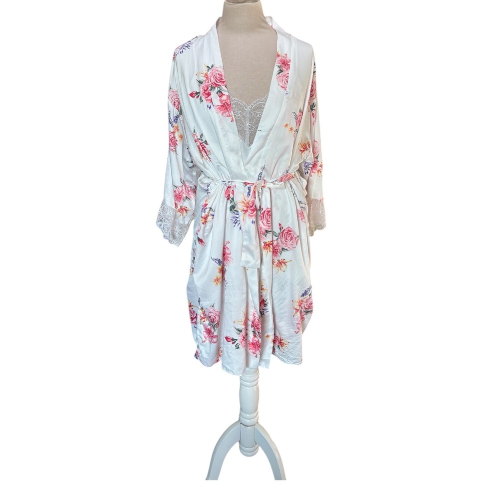 VTG Flora Nikrooz Womens White Floral Print Satin Lace Trim Robe Slip Set Sz L